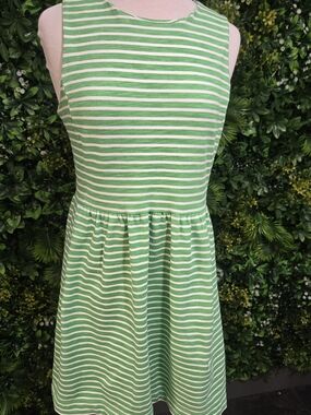J. Crew Green and White Striped Sleeveless Casual Dress